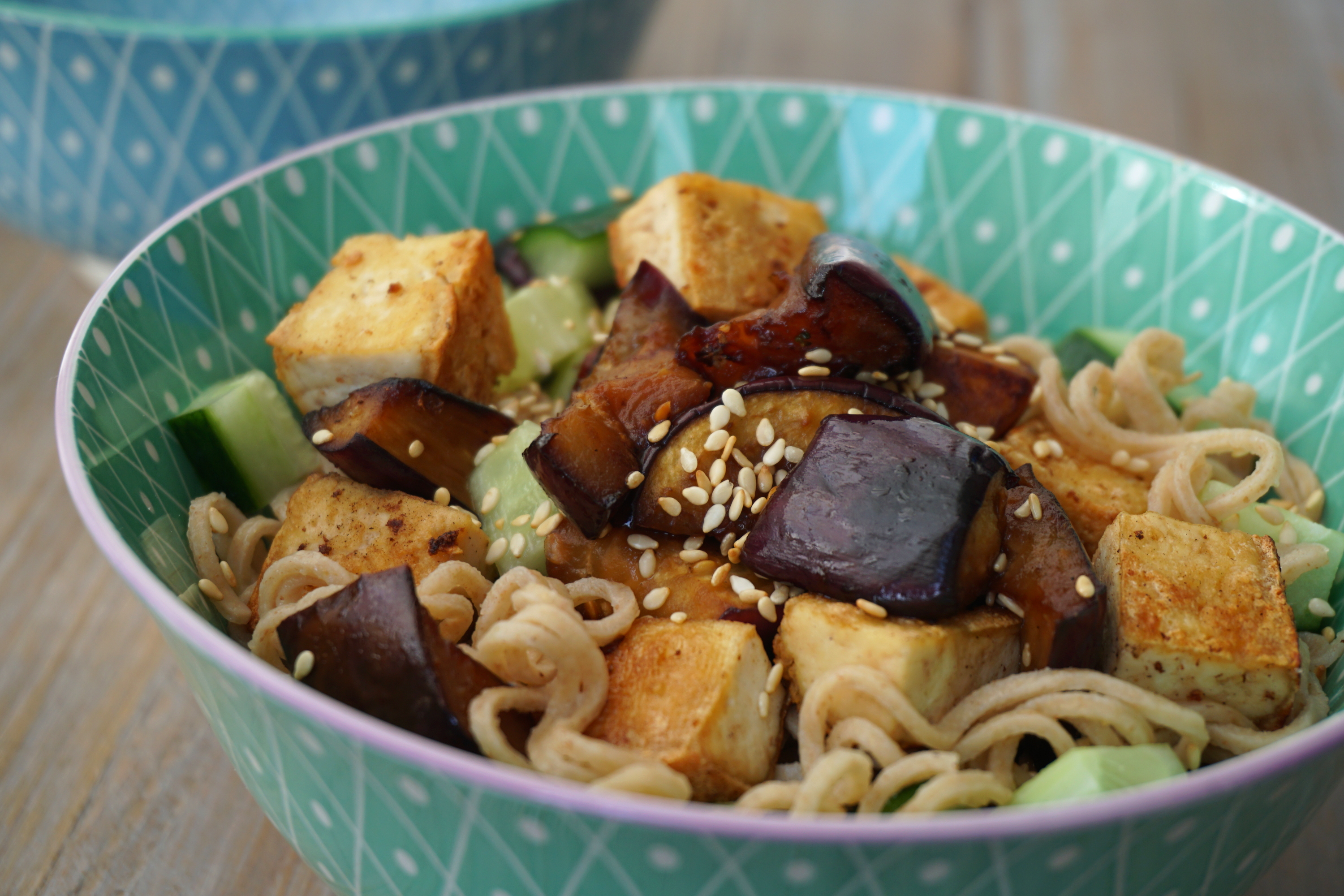 Low carb noodle salad with marinated eggplant, vegan