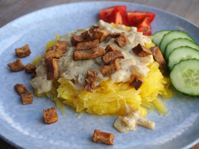 Vegan spaghetti squash with cheese sauce and smoked tofu